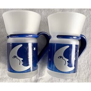 Vintage Cobalt Blue Celestial Coffee Mugs Set Friends 90s Expresso Cups Frosted